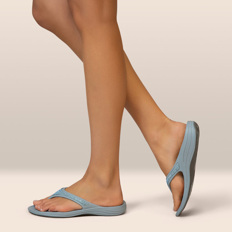 blue sparkle orthotic flip flops on foot